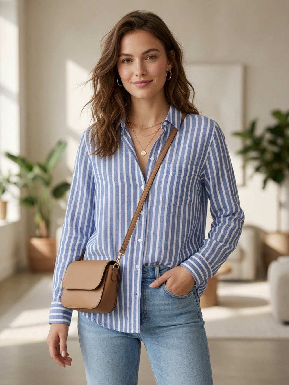 Workshop Republic Clothing Blue White Striped Linen Button Down Shirt Size M